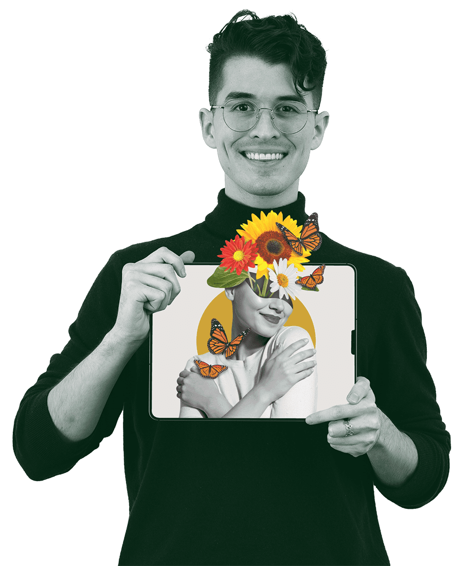 Smiling person with graphic design from Design Pickle
